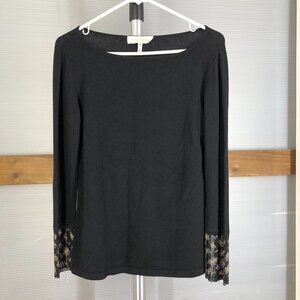 ESCADA Wool Cashmere Silk Black Scoop Neck Sweater w Beaded Cuffs EU 36 US 6 (S)